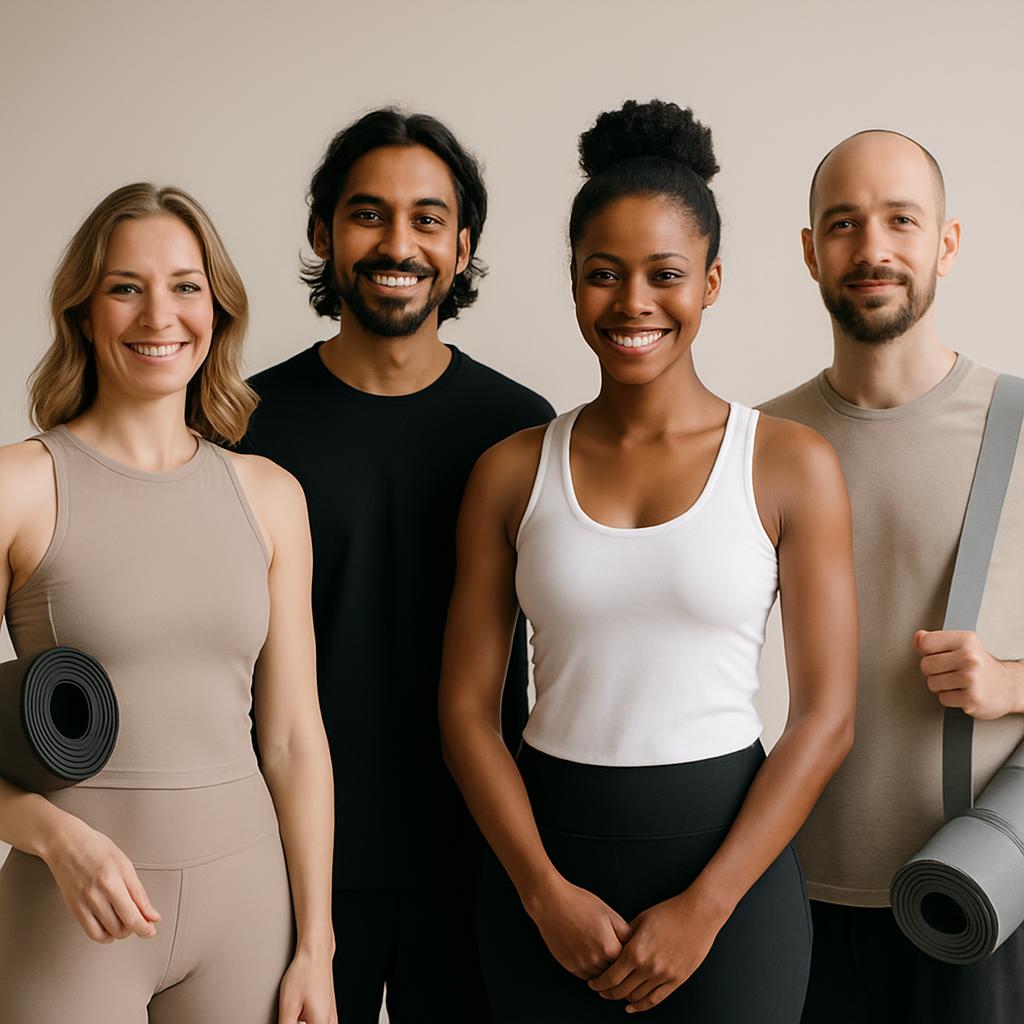 Four diverse individuals, possibly fitness instructors, dressed in neutral or sportswear attire, posing with yoga mats.