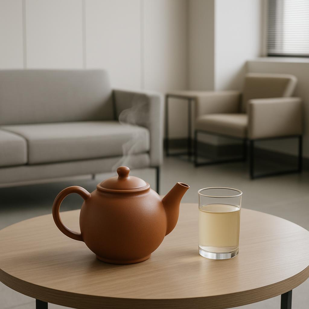 An empty glass of tea sits next to a teapot on a wooden table. A modern gray sofa is in the background.