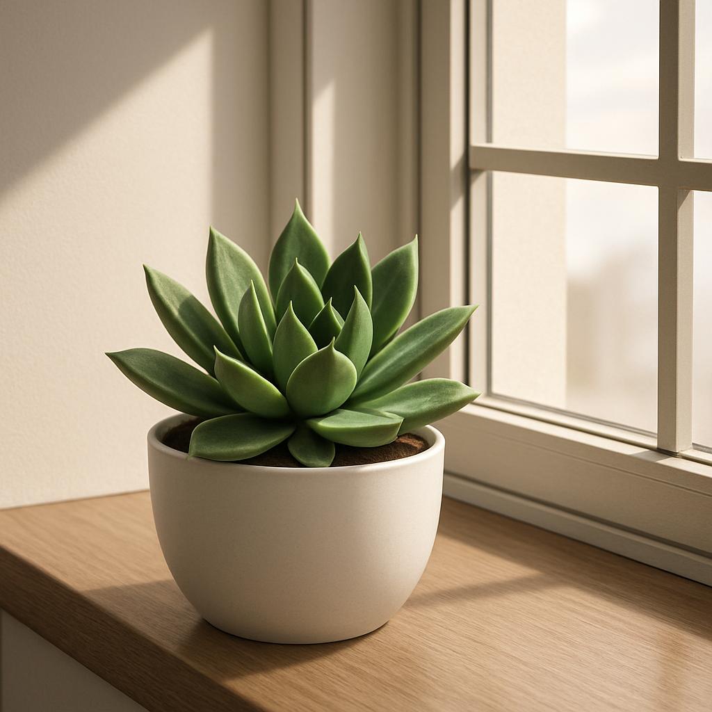 An off-white white ceramic planter with a small, green succulent plant inside, set on a wooden countertop in front of a wi...