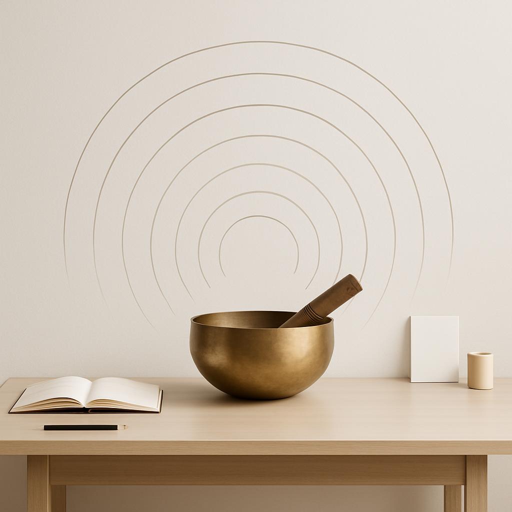 A light wooden table with a blank notebook, pencil, candle, and a gold bowl with a stick in front of a beige wall with a g...