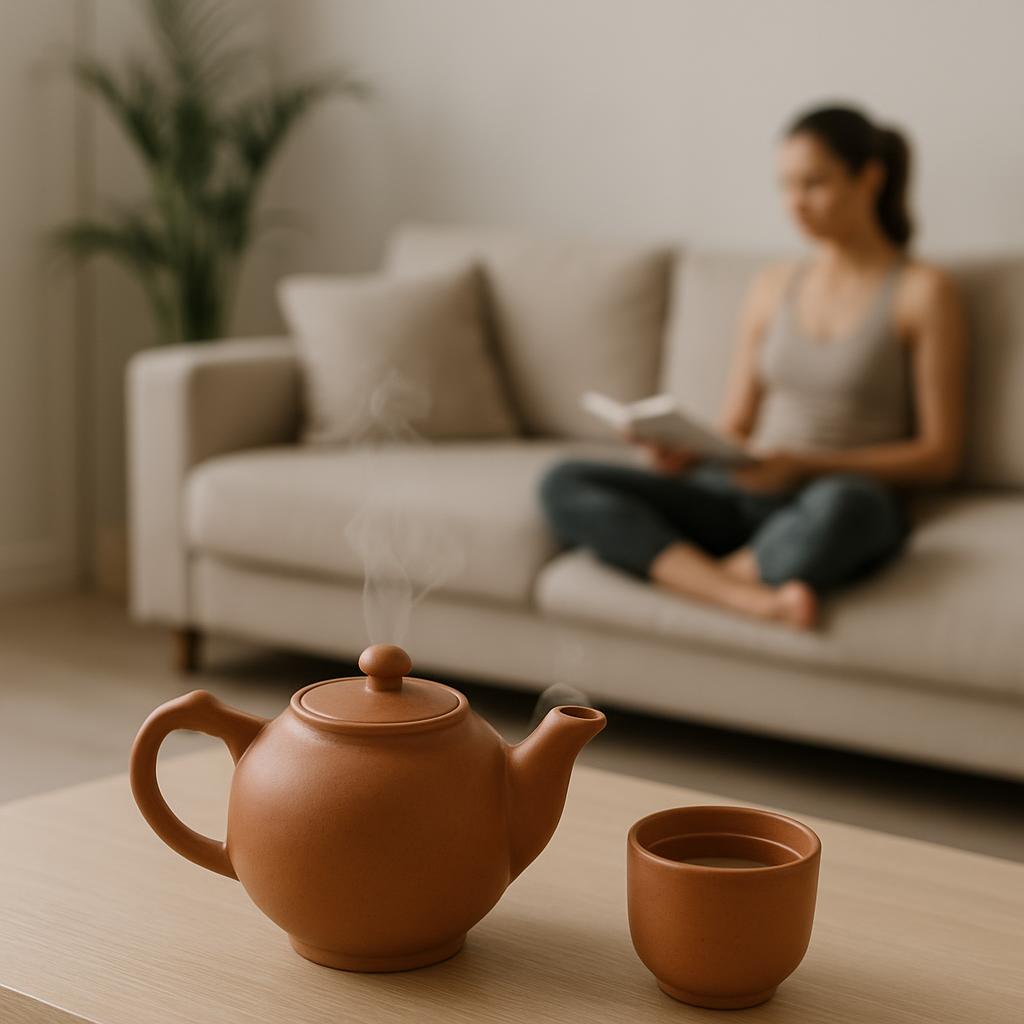A clay teapot and cup sit on a table as a woman reads a book on a couch.
