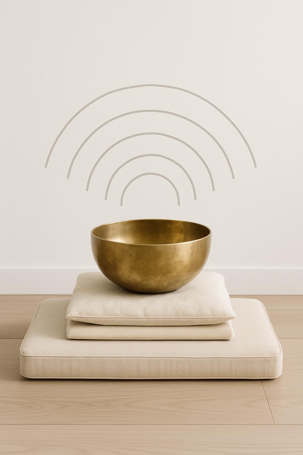 A golden bowl sitting atop a beige cushion, with a beige background.