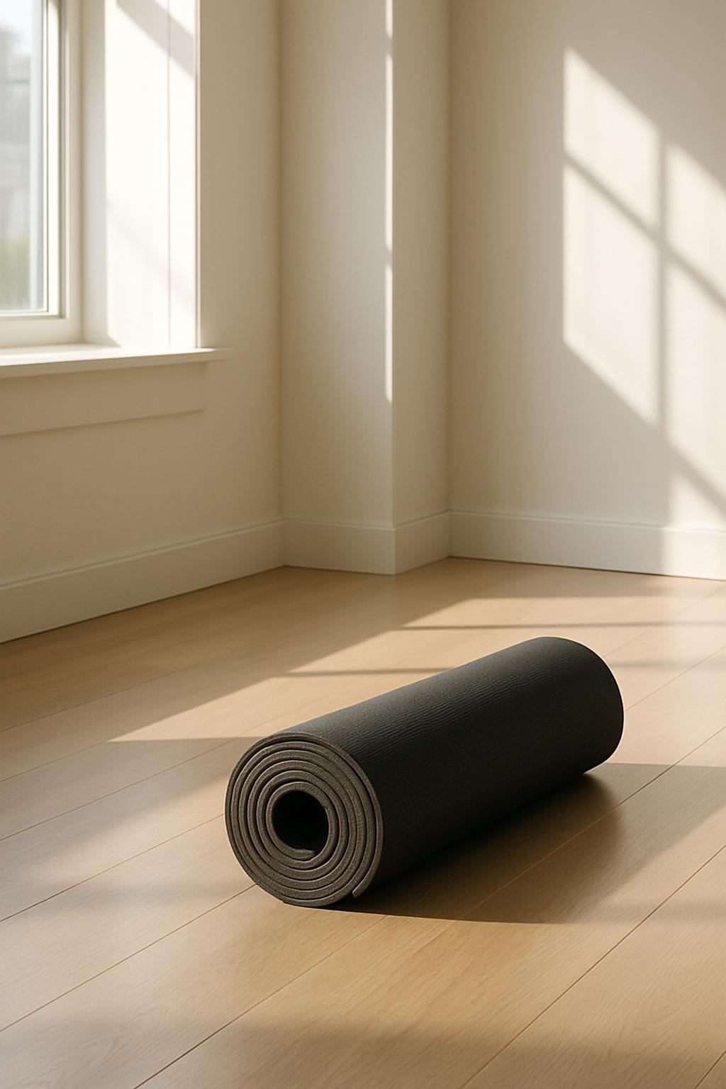 A rolled-up yoga mat sits on a wooden floor in a brightly lit room with white walls, near a window.